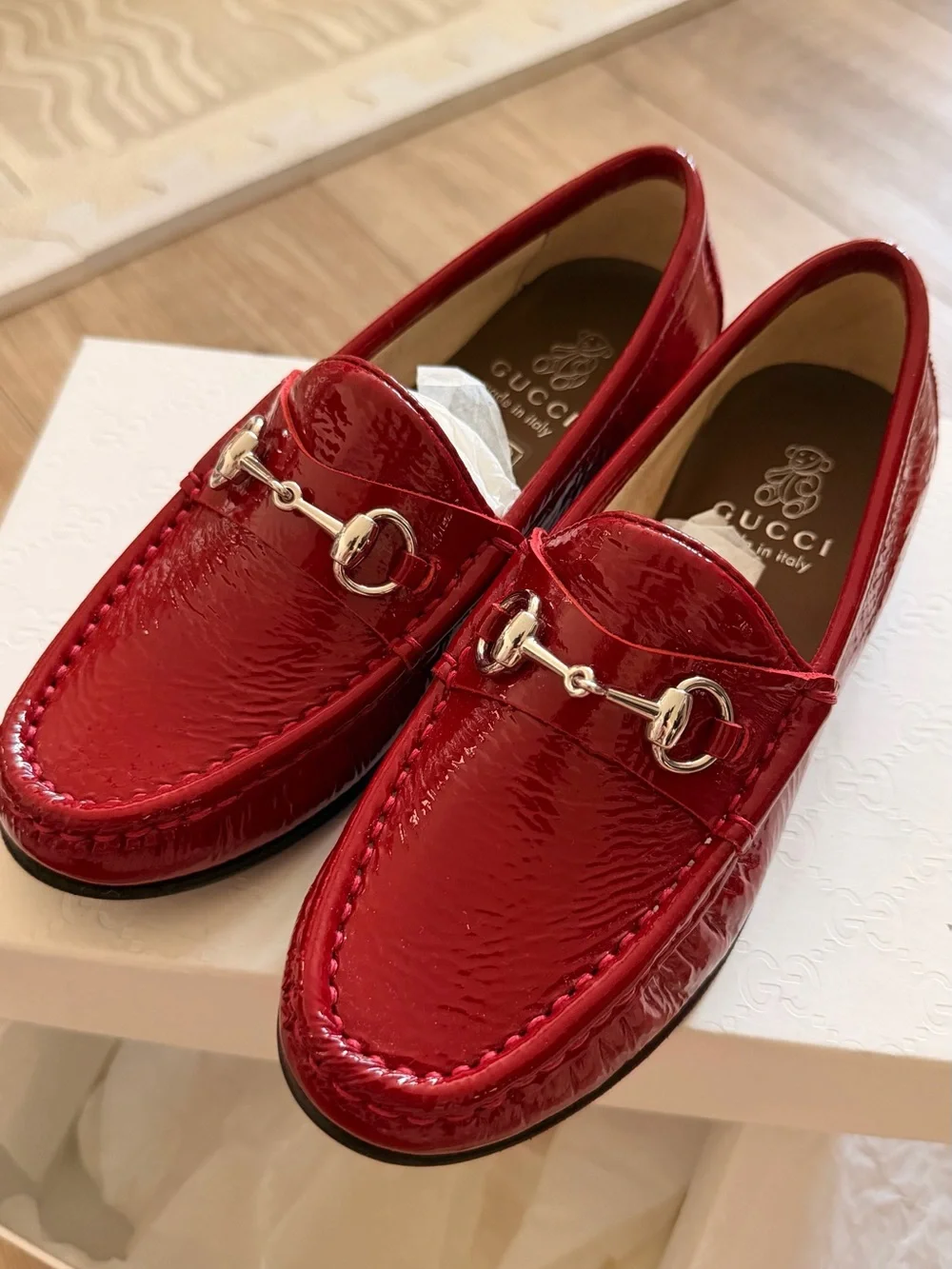 Gucci Red Patent Leather Horsebit Loafers for Kids